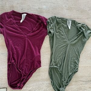 Free people olive green and burgundy red v-neck Bodysuit bundle